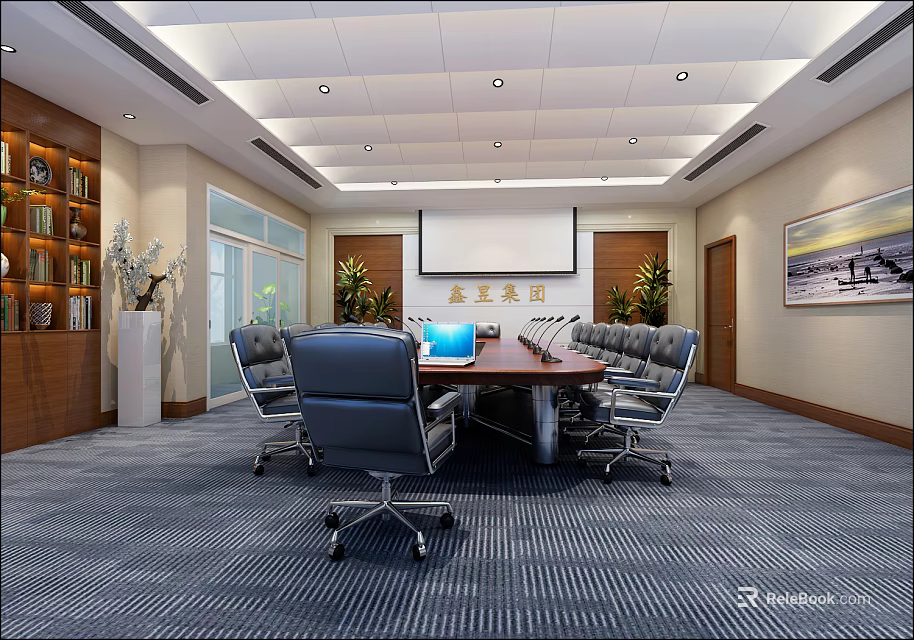 Modern Conference Room Interior Design With Round Table Office Chairs Projection Screen And Bookshelves 3d model 
