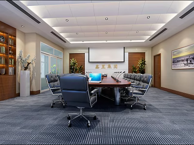 Modern Conference Room Interior Design With Round Table Office Chairs Projection Screen And Bookshelves 3d model