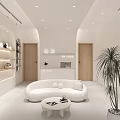 Clothing Store Interior With White Sofa Round Table Green Plant Wooden Doors And Display Shelves