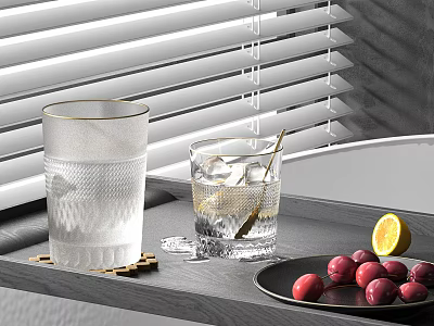 Sleek Glass Cups With Ice Cubes Stirrer Lemon Slice Red Fruits And Window Blinds Background 3d model