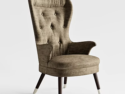 Tufted High Back Beige Fabric Accent Chair with Armrests Dark Wooden Legs and Metal Accents 3d model