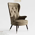 Tufted High Back Beige Fabric Accent Chair with Armrests Dark Wooden Legs and Metal Accents
