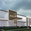 Modern Elegant Sales Office Building With Glass Facade Pool And High Rise Buildings