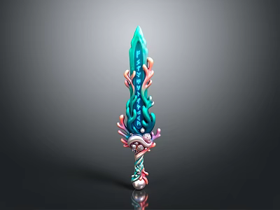 Fantasy Decorative Sword With Teal Pink Flame Like Patterns And Intricate Hilt 3d model