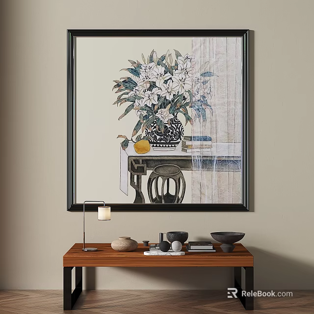 Elegant Floral Plant Painting With White Flowers Vase Curtain Background Wall Art 3d model 