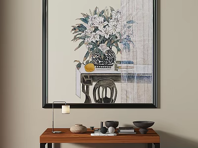 Elegant Floral Plant Painting With White Flowers Vase Curtain Background Wall Art 3d model