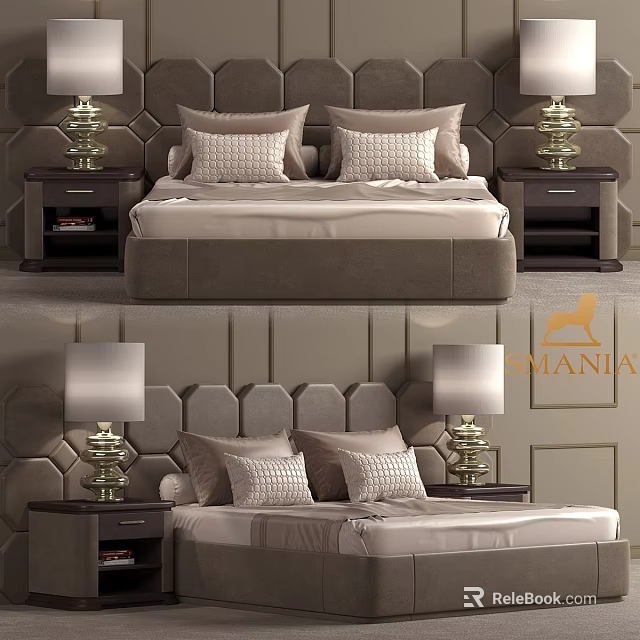 Elegant Double Bed With Tufted Headboard Bedside Tables And Table Lamps 3d model 
