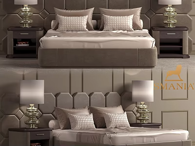 Elegant Double Bed With Tufted Headboard Bedside Tables And Table Lamps 3d model