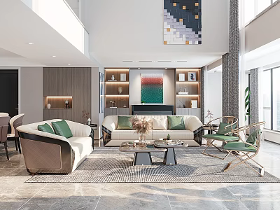 Modern Living And Dining Room Interior With Sofa Coffee Tables Decorative Painting And Shelves 3d model