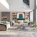 Modern Living And Dining Room Interior With Sofa Coffee Tables Decorative Painting And Shelves
