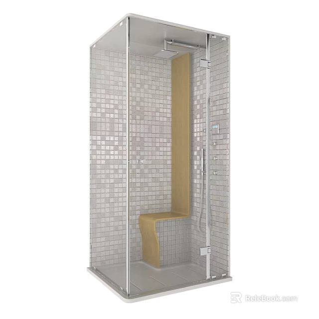 Modern Shower Sauna Interior With Glass Door Tile Walls And Wooden Bench 3d model 