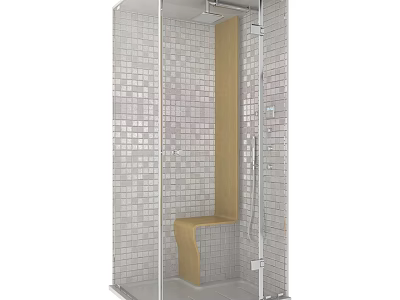 Modern Shower Sauna Interior With Glass Door Tile Walls And Wooden Bench 3d model