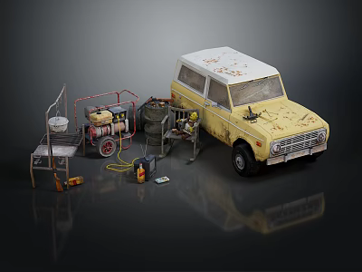 Yellow Vintage Car With Repair Tools Ladder Air Pump And Oil Drum Maintenance Scene 3d model