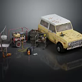 Yellow Vintage Car With Repair Tools Ladder Air Pump And Oil Drum Maintenance Scene