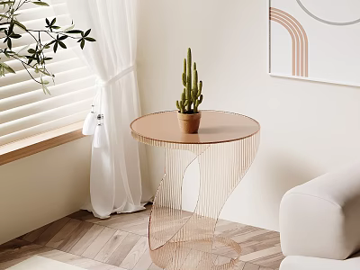 Round Wire Frame Side Table With Potted Cactus Near Sofa By Window On Wooden Floor 3d model