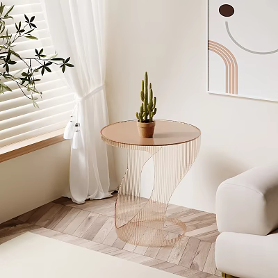 Round Wire Frame Side Table With Potted Cactus Near Sofa By Window On Wooden Floor 3d model