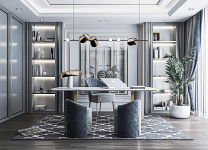 American Study Desk and Chair Writing Desk Bookcase Desk Leisure Chair Chandelier Decorative Cabinet 3d model