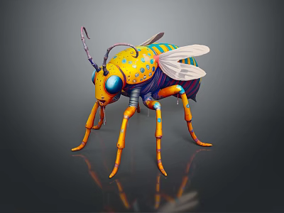 Colorful Mechanical Insect With Yellow Body Blue Eyes And White Striped Wings 3d model