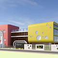 Modern Kindergarten With Colorful Building Playground Green Lawn And Blue Whale Sculptures