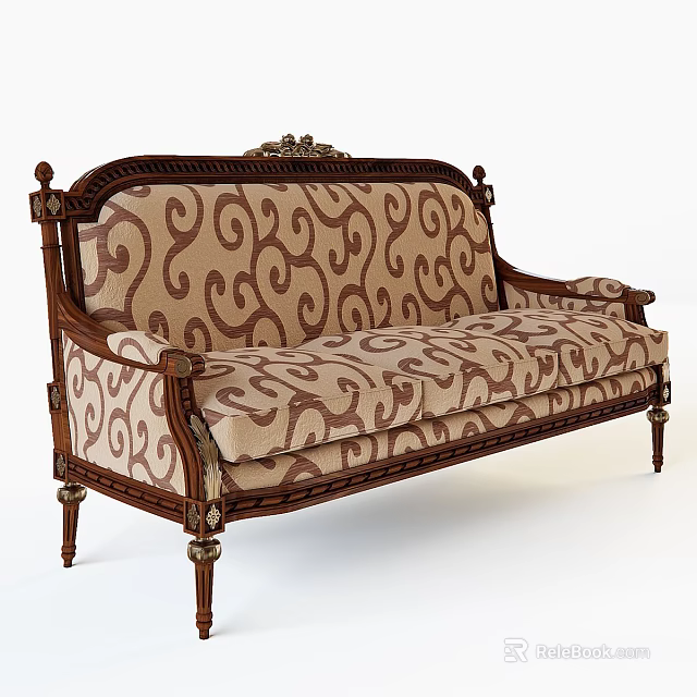 Classical Vintage Sofa With Wooden Frame Scroll Pattern And Ornate Carved Details 3d model 