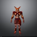 Man In Red Armor With Fox Head Standing Against Gray Background