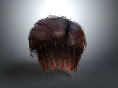 Game and Movie Character 3D Hair Model with Dark Brown Red Gradient Layered Hairstyle 3d model