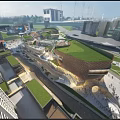 Modern Commercial Complex With Green Roof And Urban Pedestrian Activity Spaces
