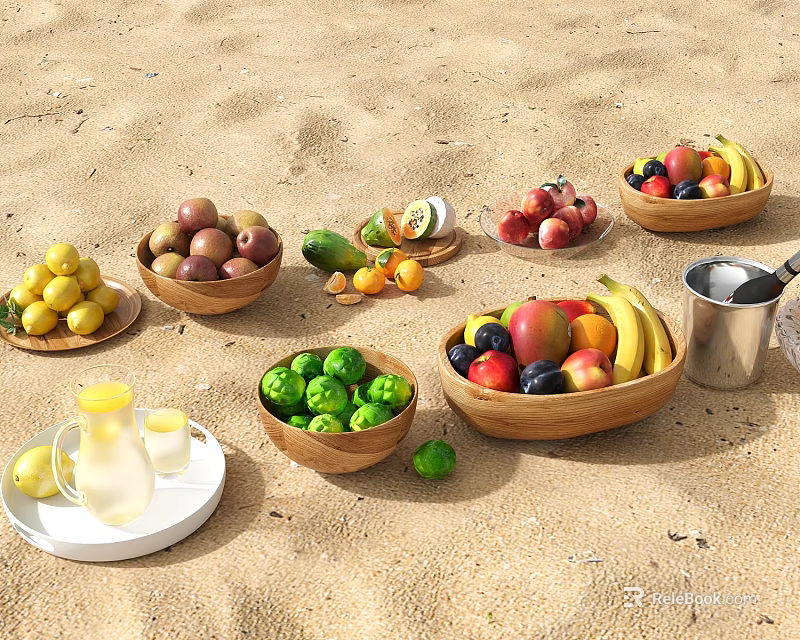 Fresh Assorted Fruits Arranged on Sand in Wooden Bowls with Water Jug and Glass 3d model 