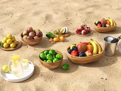 Fresh Assorted Fruits Arranged on Sand in Wooden Bowls with Water Jug and Glass 3d model