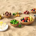 Fresh Assorted Fruits Arranged on Sand in Wooden Bowls with Water Jug and Glass