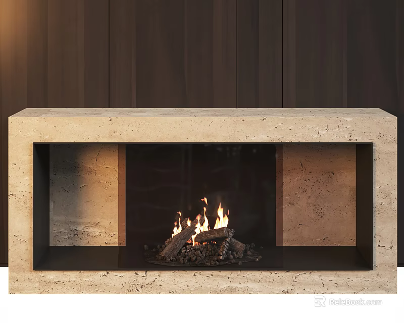 Modern Beige Stone Fireplace with Burning Fire and Logs Against Dark Wooden Wall 3d model 