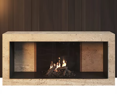 Modern Beige Stone Fireplace with Burning Fire and Logs Against Dark Wooden Wall 3d model