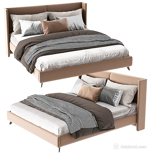 Modern Double Bed with Beige Headboard Multiple Pillows and Cozy Blanket 3d model