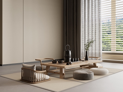 Japanese Tea Table and Chair Solid Wood Tea Table Solid Wood Seat Fabric Cushion Tea Set Teapot Teacup Warm Tea Stove Tea Vase Green Plant Carpet Curtain 3d model