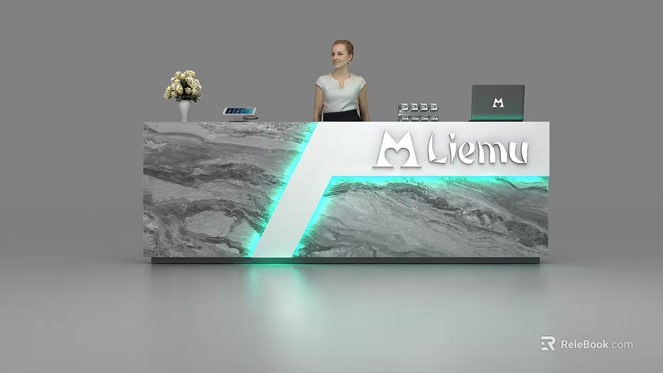 Modern Marble Texture Reception Desk with Illuminated Strip Liemu Logo Vase Flowers and Electronic Devices 3d model 