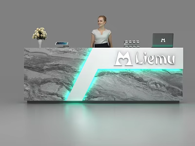 Modern Marble Texture Reception Desk with Illuminated Strip Liemu Logo Vase Flowers and Electronic Devices 3d model