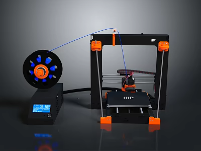 Modern 3D Printer With Filament Spool Control Panel Print Bed Black Frame And Orange Supports 3d model