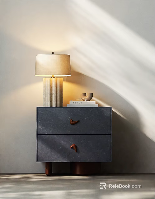 Dark Bedside Table with Wooden Handle Drawers Table Lamp Beige Shade and Books 3d model 