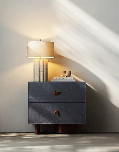 Dark Bedside Table with Wooden Handle Drawers Table Lamp Beige Shade and Books 3d model