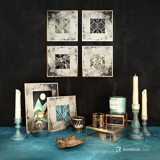 Modern Geometric Framed Artworks With Metallic Candles And Scented Decorative Ornaments Set 3d model 