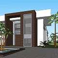 Modern Detached Villa Exterior With Large Windows Balcony Palm Trees And Green Lawn