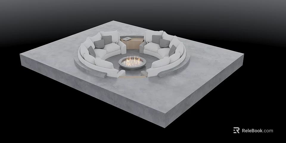 White Sectional Sofa With Gray Cushions Surrounding Central Fire Pit On Concrete Platform 3d model