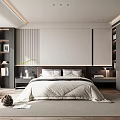 Modern Bedroom Interior With White Quilt Bed Gray White Walls Nightstands And Bookshelves Soft Carpet