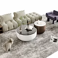 Plush Sofa Circular Coffee Table Set With Purple Armchairs Rug And Decor Items