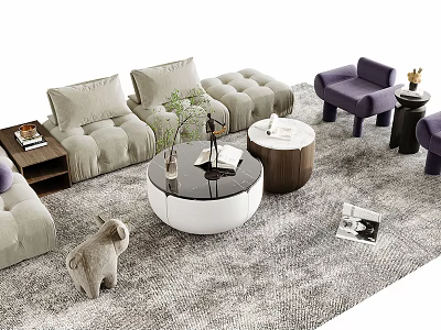 Plush Sofa Circular Coffee Table Set With Purple Armchairs Rug And Decor Items 3d model
