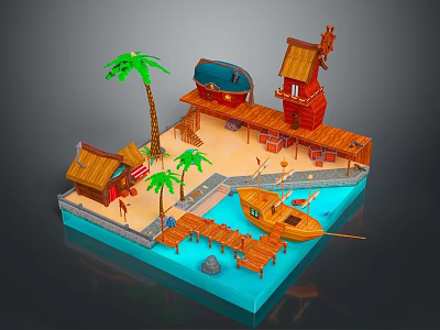 Modern Tropical Scene With Wooden Buildings Palm Trees Wooden Bridge Boat And Water Area 3d model