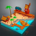 Modern Tropical Scene With Wooden Buildings Palm Trees Wooden Bridge Boat And Water Area