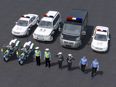 Policemen In Different Uniforms Standing Together With Police Cars And Motorcycles 3d model