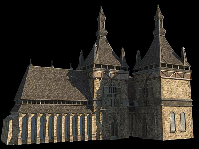 Historic Ancient Architecture With Twin Spire Towers Tiled Roof Stone Walls And Arched Windows 3d model