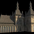 Historic Ancient Architecture With Twin Spire Towers Tiled Roof Stone Walls And Arched Windows